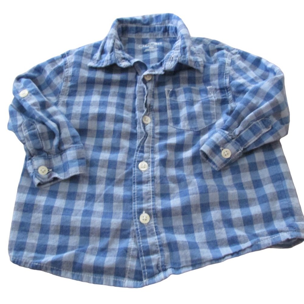 Cherokee Button Up Shirt Toddler Boys Size 18M Blue Plaid Long Sleeve Collar Top